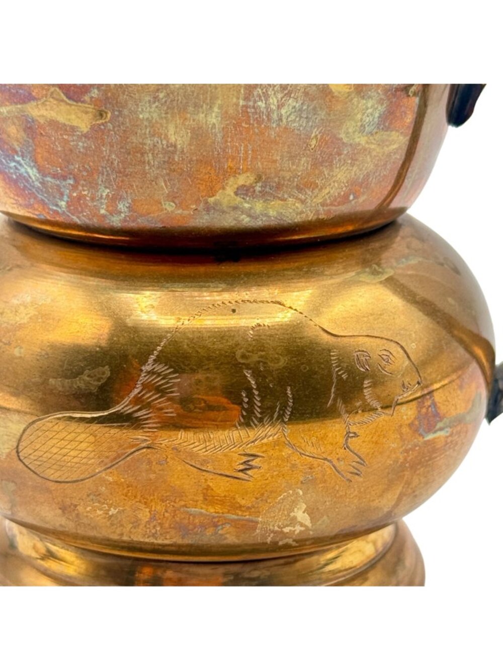 Vintage Hudson Bay Brass Pitcher 4.5" Tall Etched Beaver Design 1970s Decorative - Picture 3 of 11